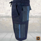 Men's African Patchwork Cargo Shorts, Indigo Denim Aso Oke Tribal Bottoms, Festival Pants