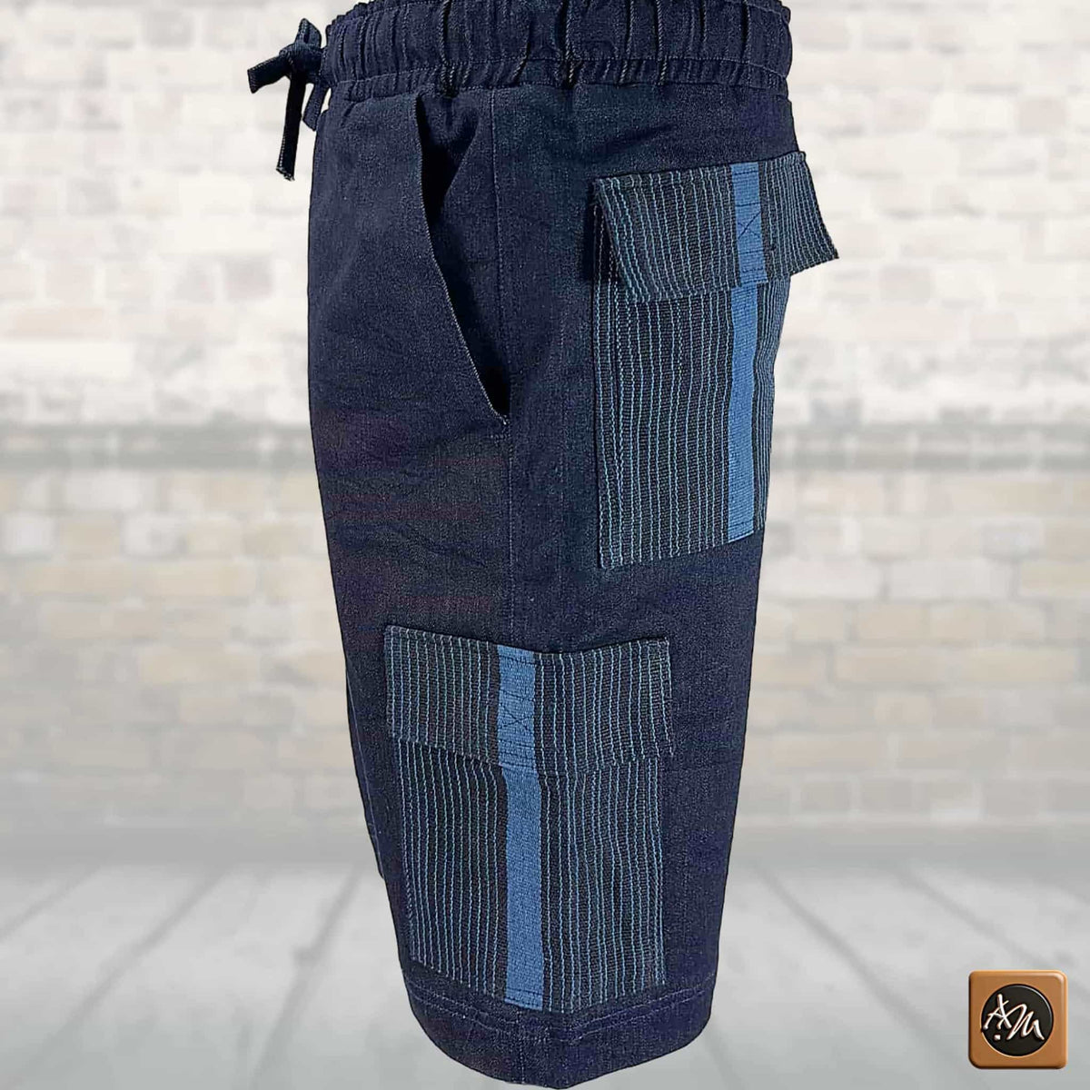 Men's African Patchwork Cargo Shorts, Indigo Denim Aso Oke Tribal Bottoms, Festival Pants