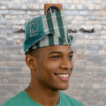 Traditional Yoruba Abetiaja Cap, Green Plaid Aso Oke mixed Velvet Style Hat