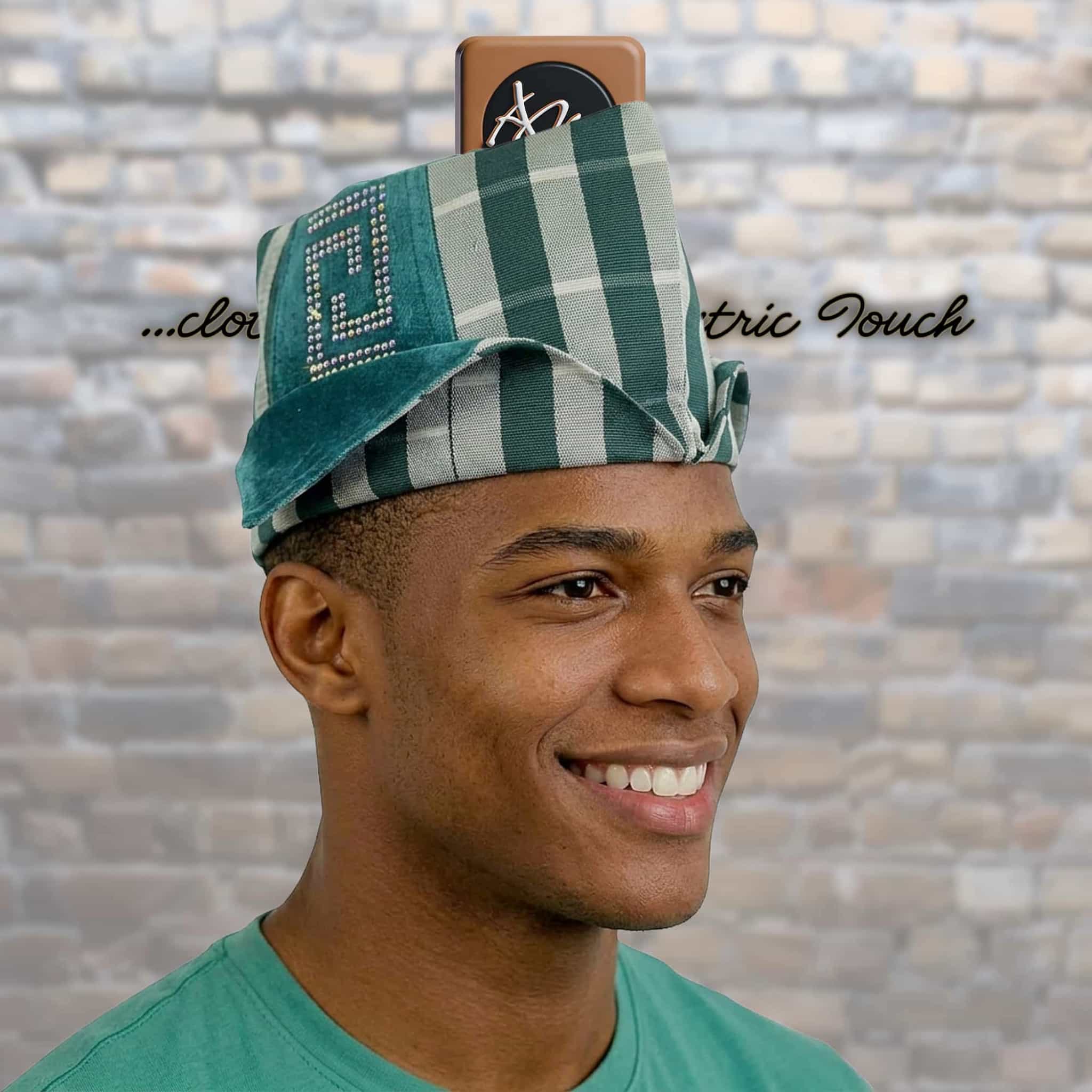 Traditional Yoruba Abetiaja Cap, Green Plaid Aso Oke mixed Velvet Style Hat