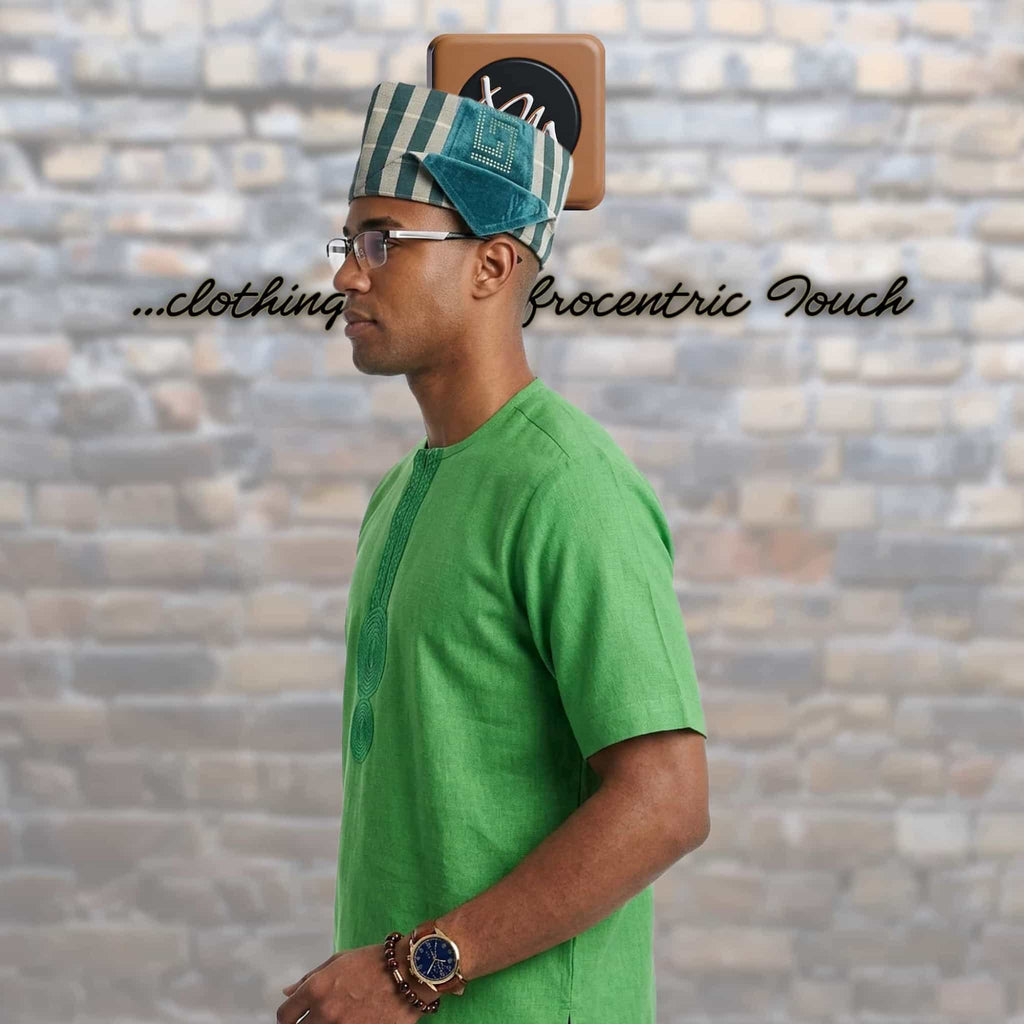 Traditional Yoruba Abetiaja Cap, Green Plaid Aso Oke mixed Velvet Style Hat