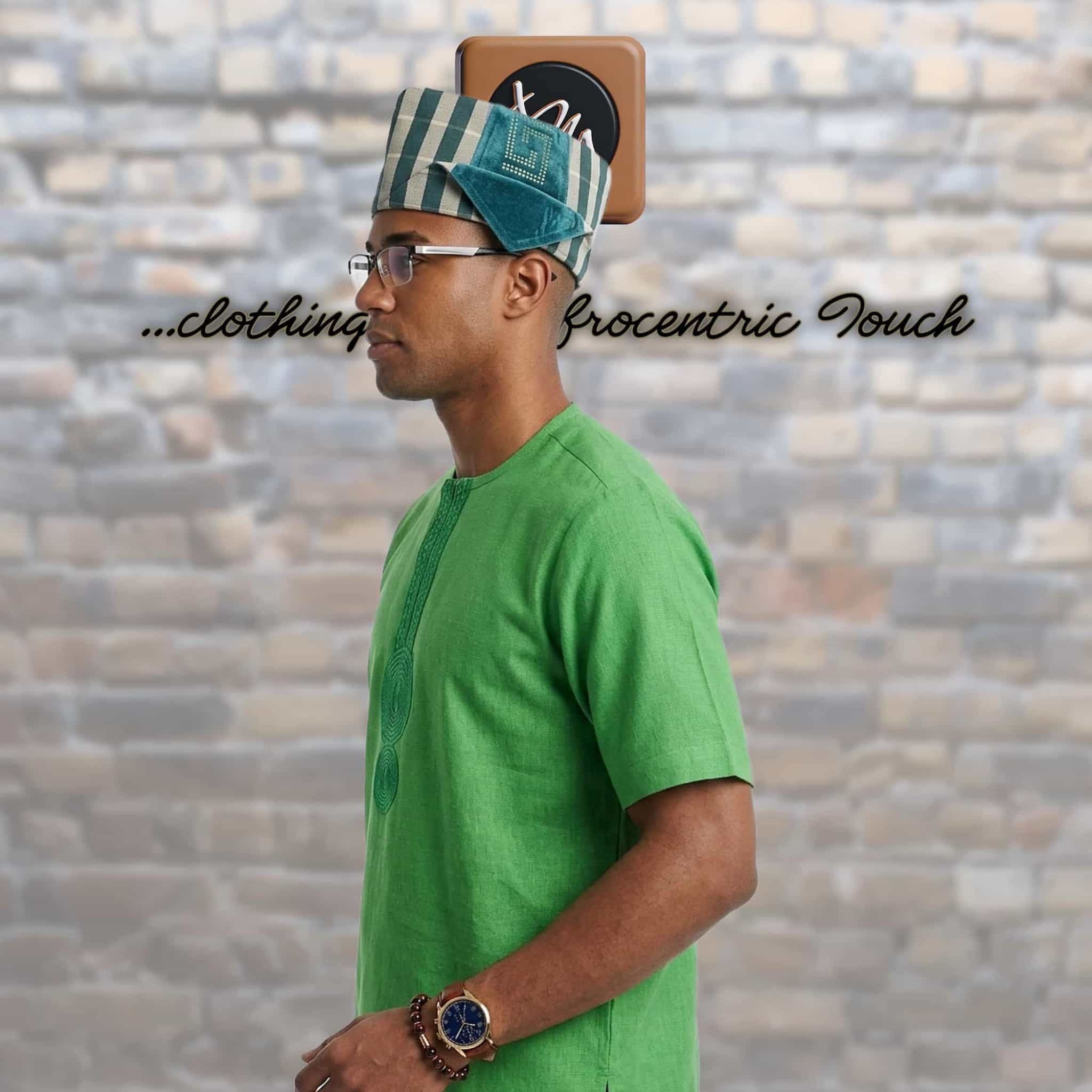 Traditional Yoruba Abetiaja Cap, Green Plaid Aso Oke mixed Velvet Style Hat
