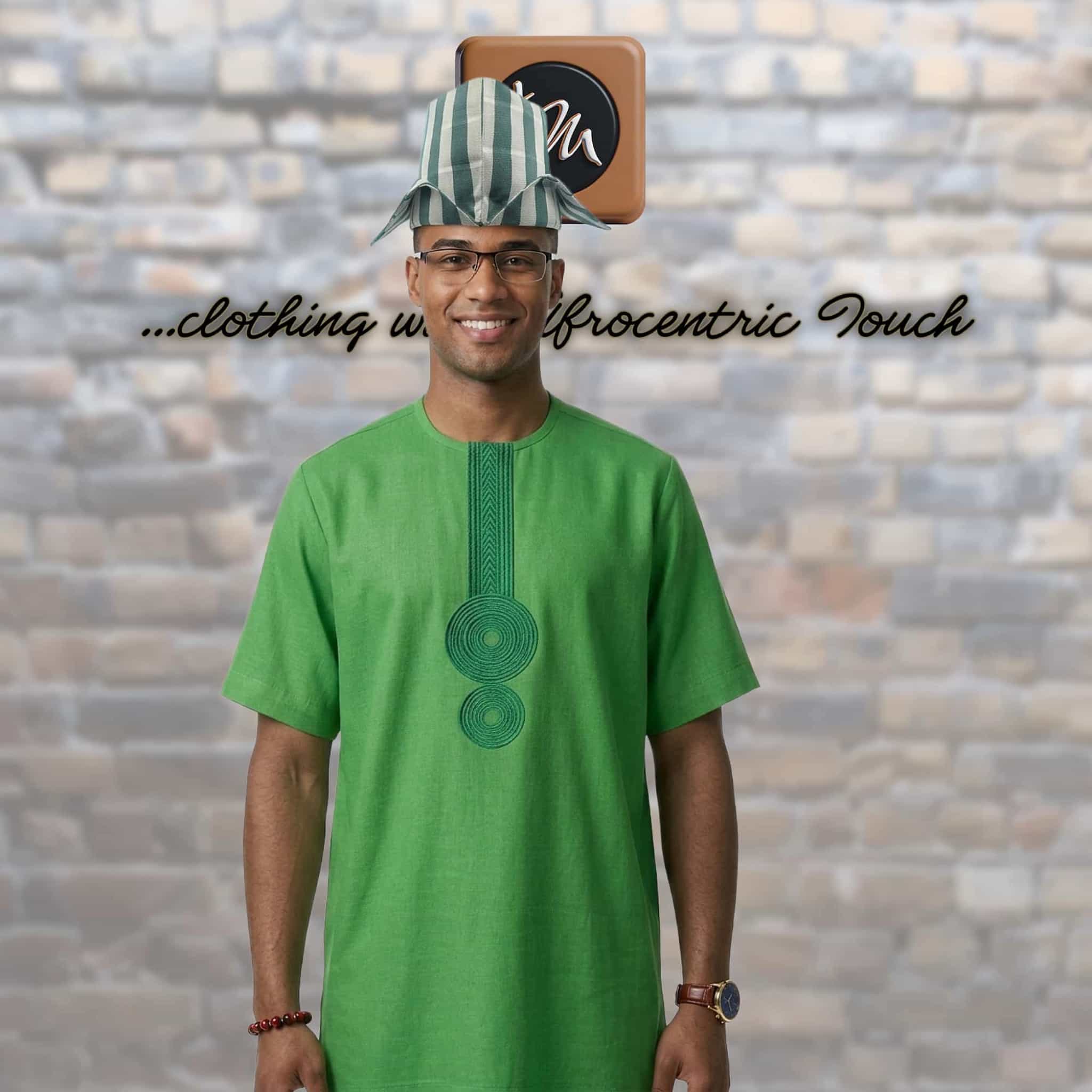 Traditional Yoruba Abetiaja Cap, Green Plaid Aso Oke mixed Velvet Style Hat