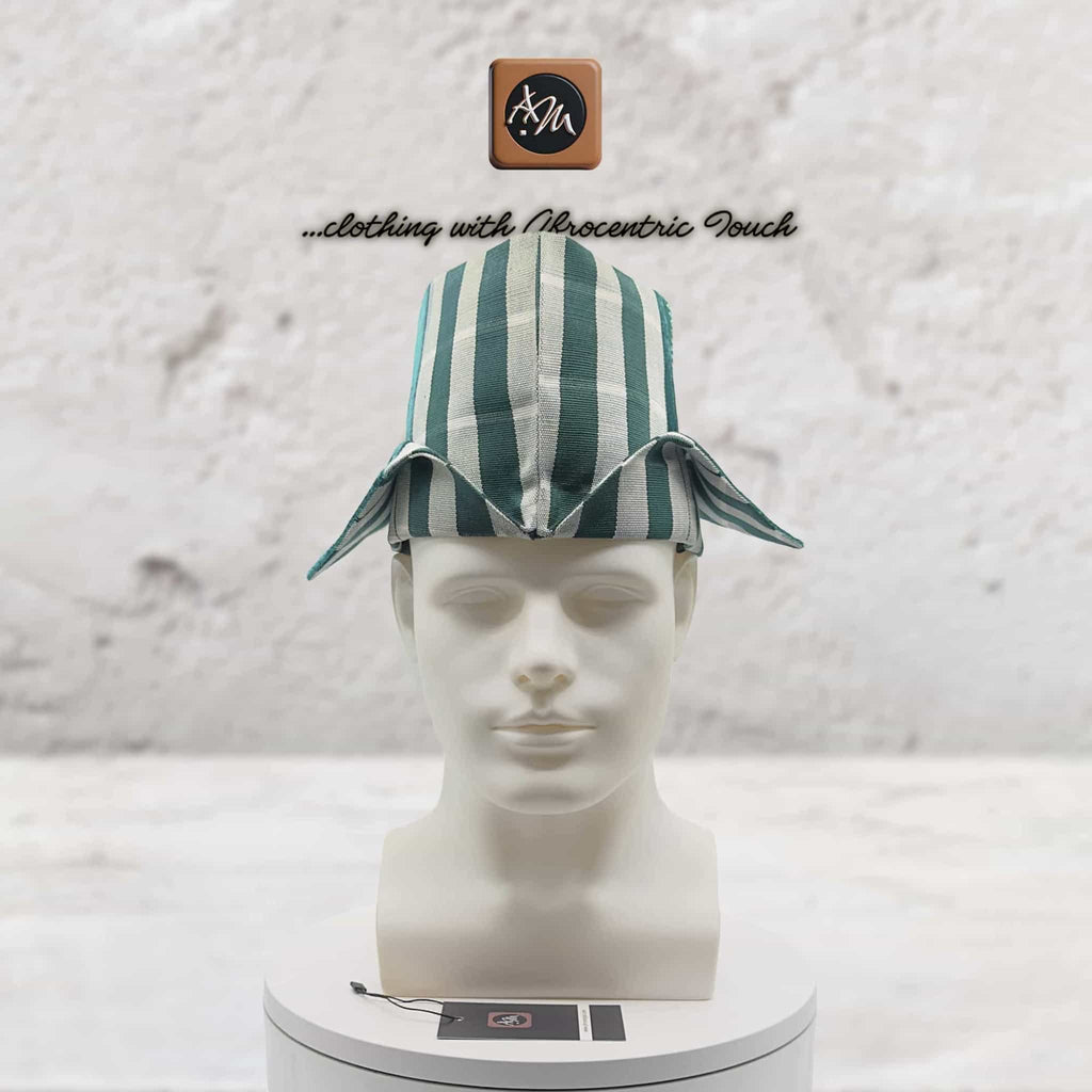 Traditional Yoruba Abetiaja Cap, Green Plaid Aso Oke mixed Velvet Style Hat