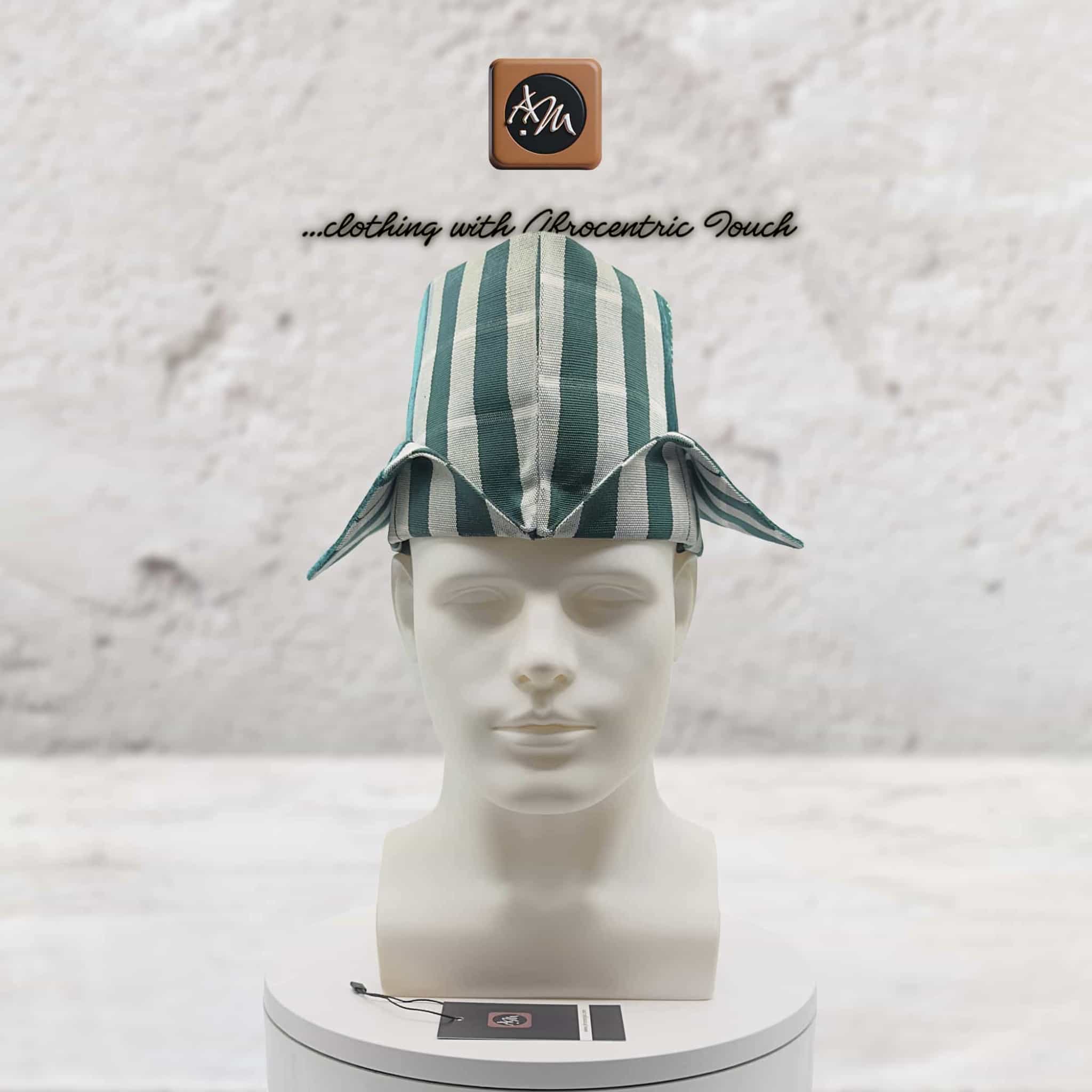 Traditional Yoruba Abetiaja Cap, Green Plaid Aso Oke mixed Velvet Style Hat