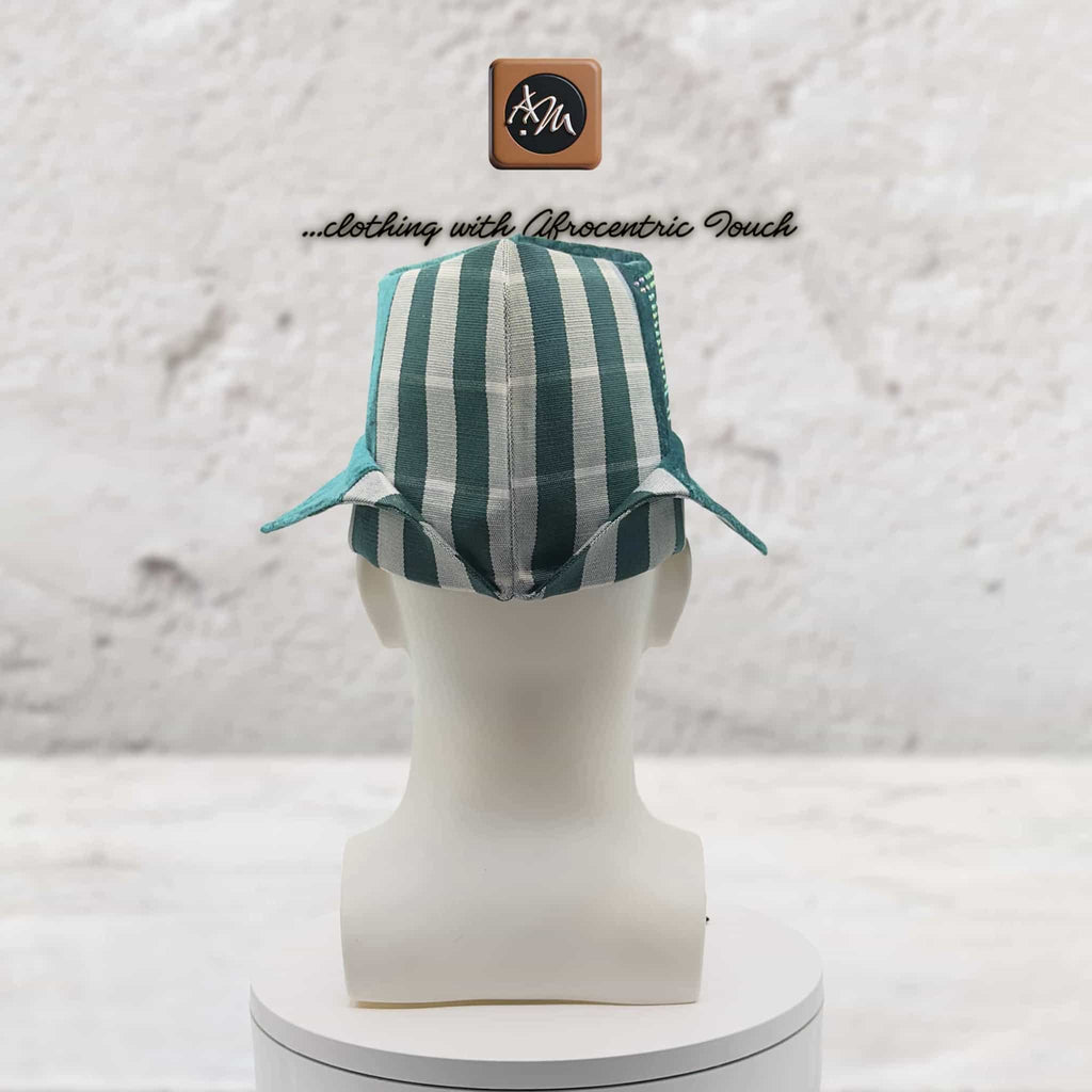 Traditional Yoruba Abetiaja Cap, Green Plaid Aso Oke mixed Velvet Style Hat