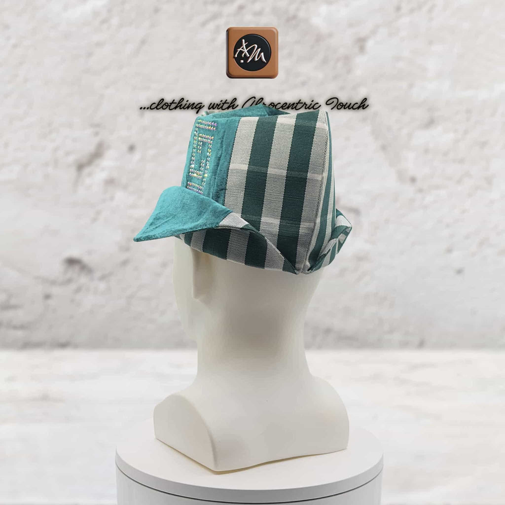Traditional Yoruba Abetiaja Cap, Green Plaid Aso Oke mixed Velvet Style Hat