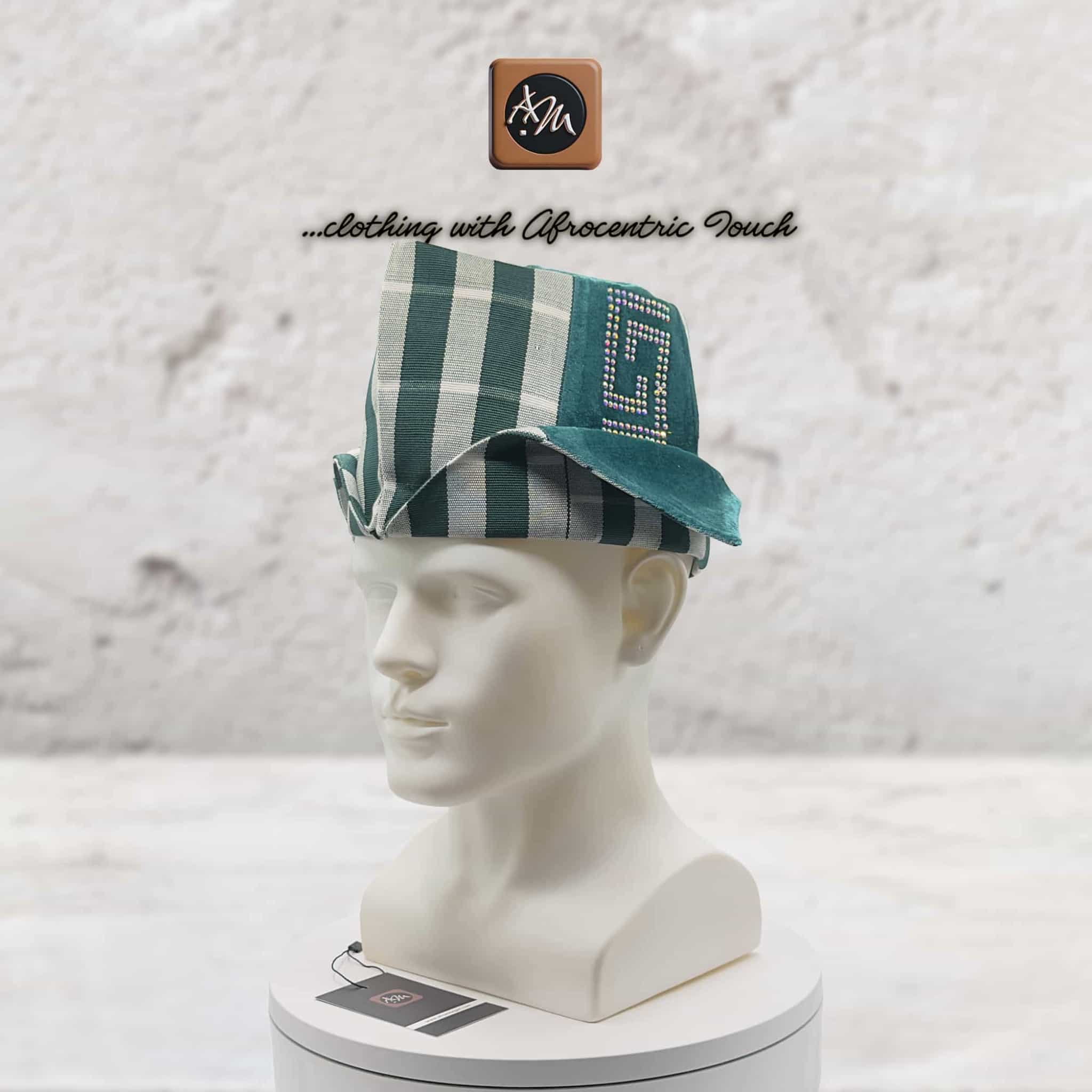 Traditional Yoruba Abetiaja Cap, Green Plaid Aso Oke mixed Velvet Style Hat