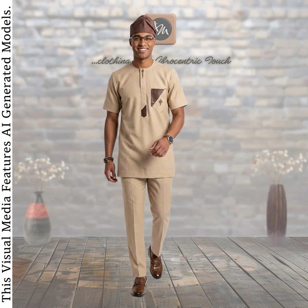 GroomsMen Cotton Kaftan Top and Trousers Set, Yoruba Aso Oke Fila Cap