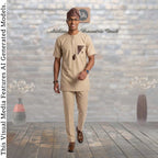 GroomsMen Cotton Kaftan Top and Trousers Set, Yoruba Aso Oke Fila Cap