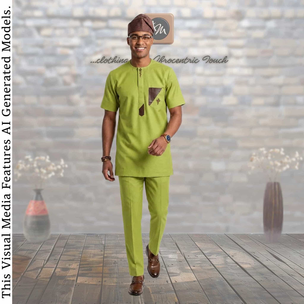 GroomsMen Cotton Kaftan Top and Trousers Set, Yoruba Aso Oke Fila Cap