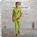 GroomsMen Cotton Kaftan Top and Trousers Set, Yoruba Aso Oke Fila Cap