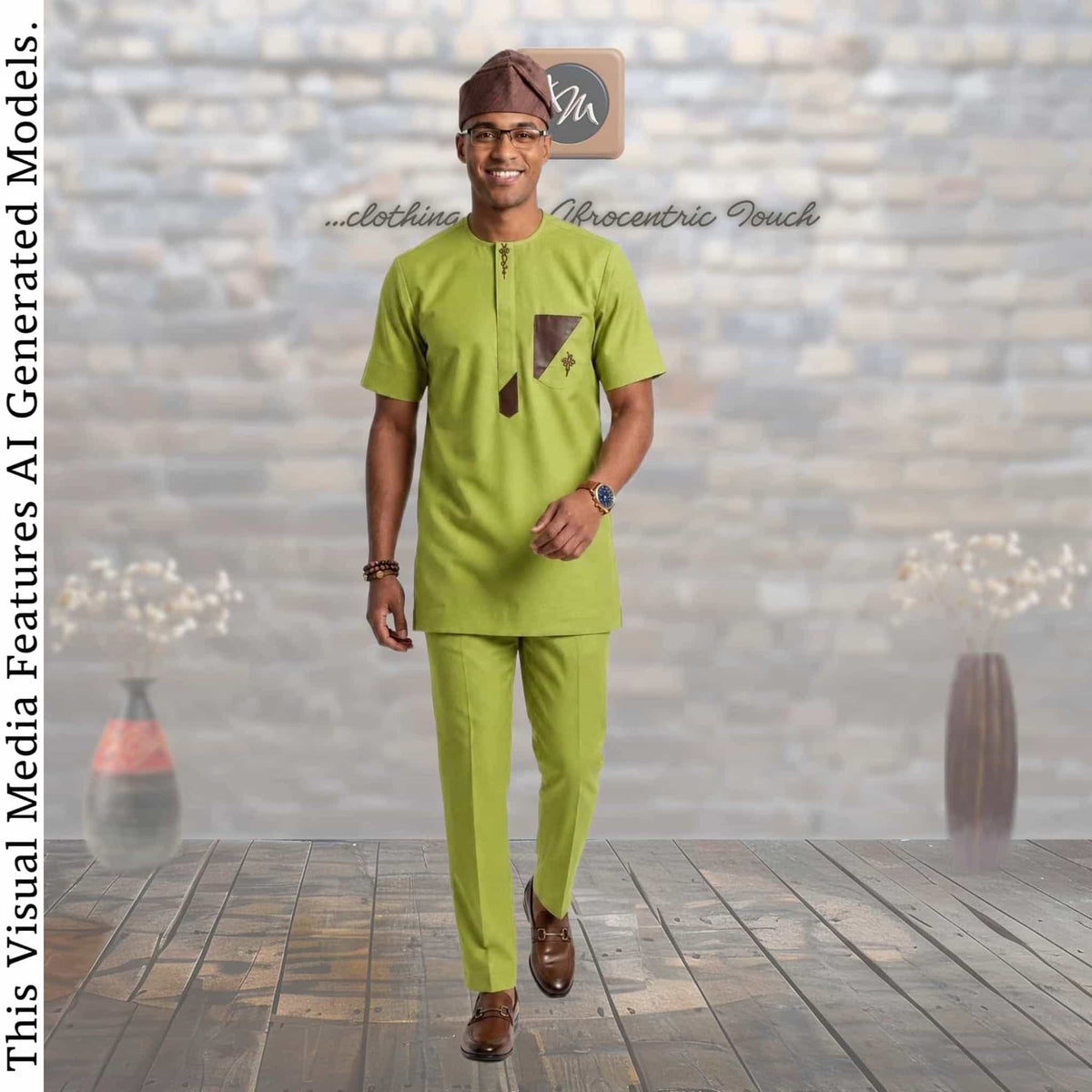 GroomsMen Cotton Kaftan Top and Trousers Set, Yoruba Aso Oke Fila Cap