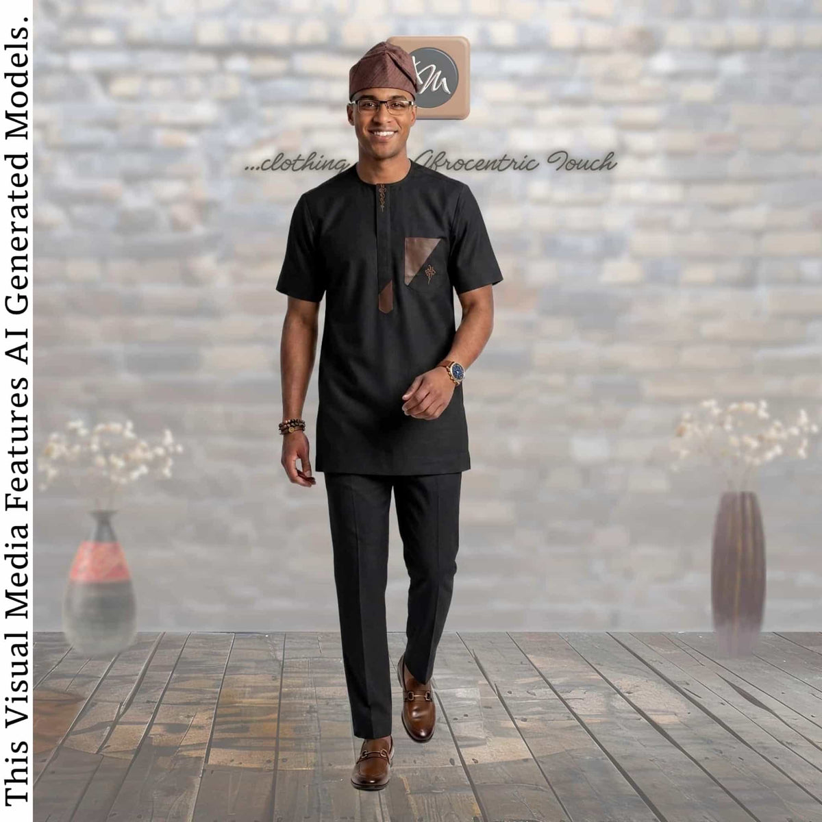 GroomsMen Cotton Kaftan Top and Trousers Set, Yoruba Aso Oke Fila Cap