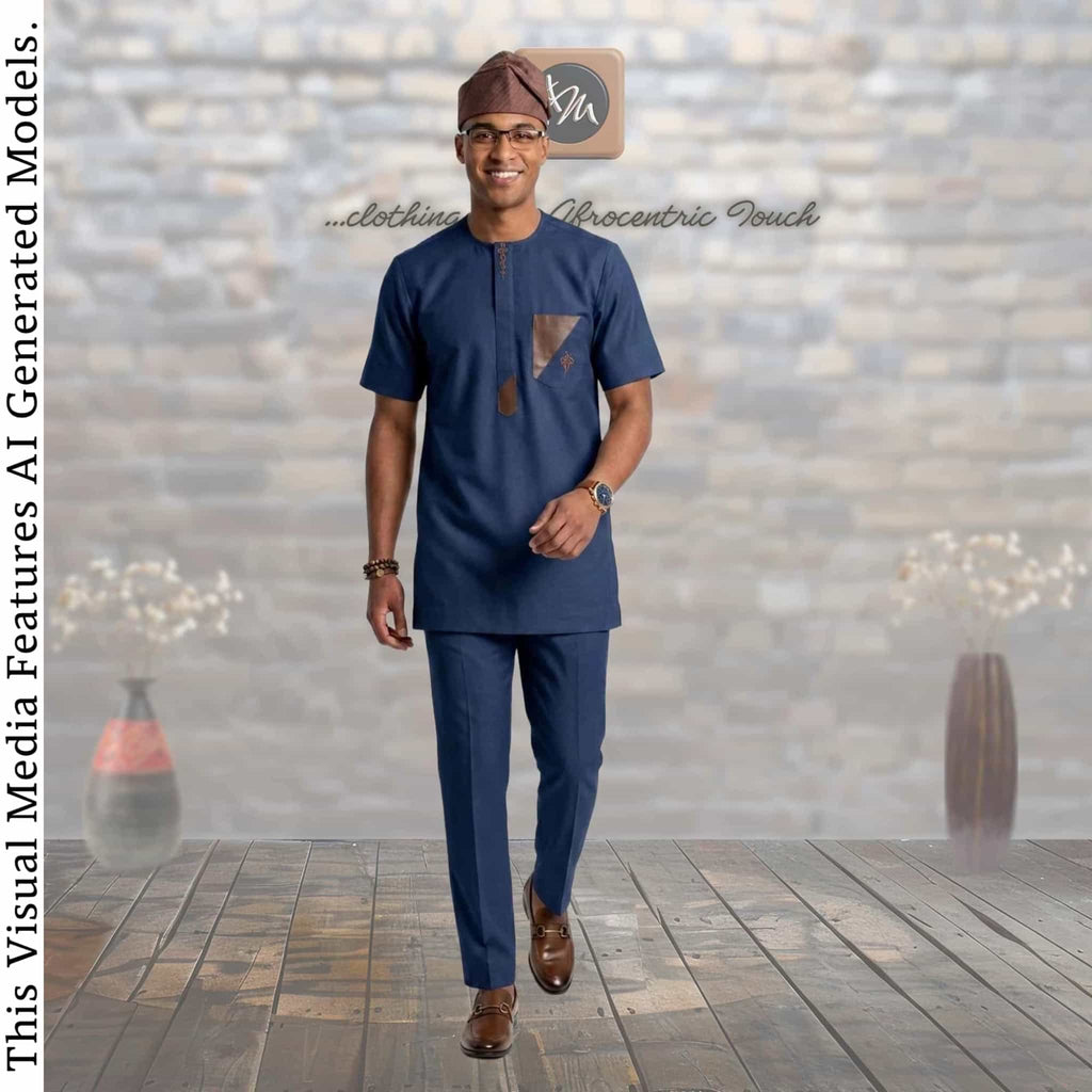 GroomsMen Cotton Kaftan Top and Trousers Set, Yoruba Aso Oke Fila Cap