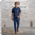 GroomsMen Cotton Kaftan Top and Trousers Set, Yoruba Aso Oke Fila Cap