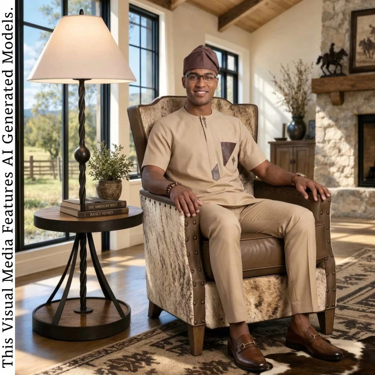 GroomsMen Cotton Kaftan Top and Trousers Set, Yoruba Aso Oke Fila Cap