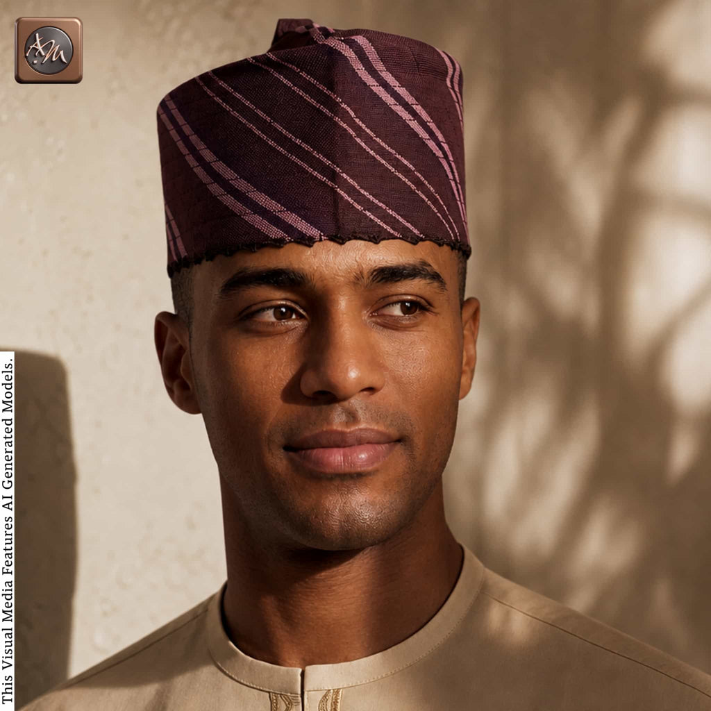 Handcrafted Maroon Tajia Cap, Aso Oke Mallam African Traditional Hat