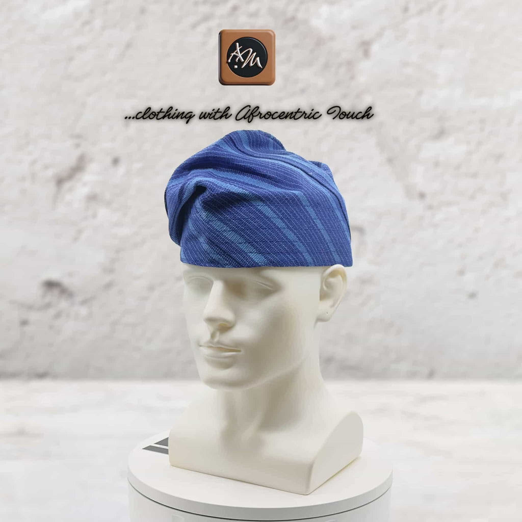 Handwoven Aso Oke Fila Gobi Cap, Blue Yoruba Traditional Hat, Nigerian Prestige Headwear