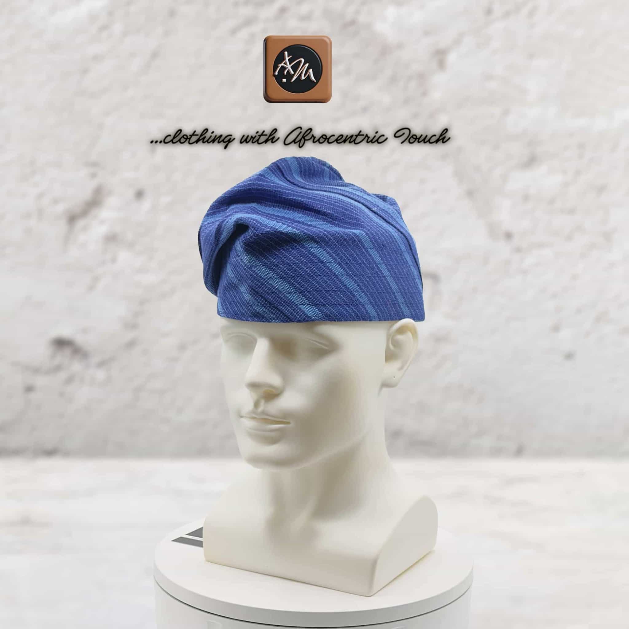 Handwoven Aso Oke Fila Gobi Cap, Blue Yoruba Traditional Hat, Nigerian Prestige Headwear