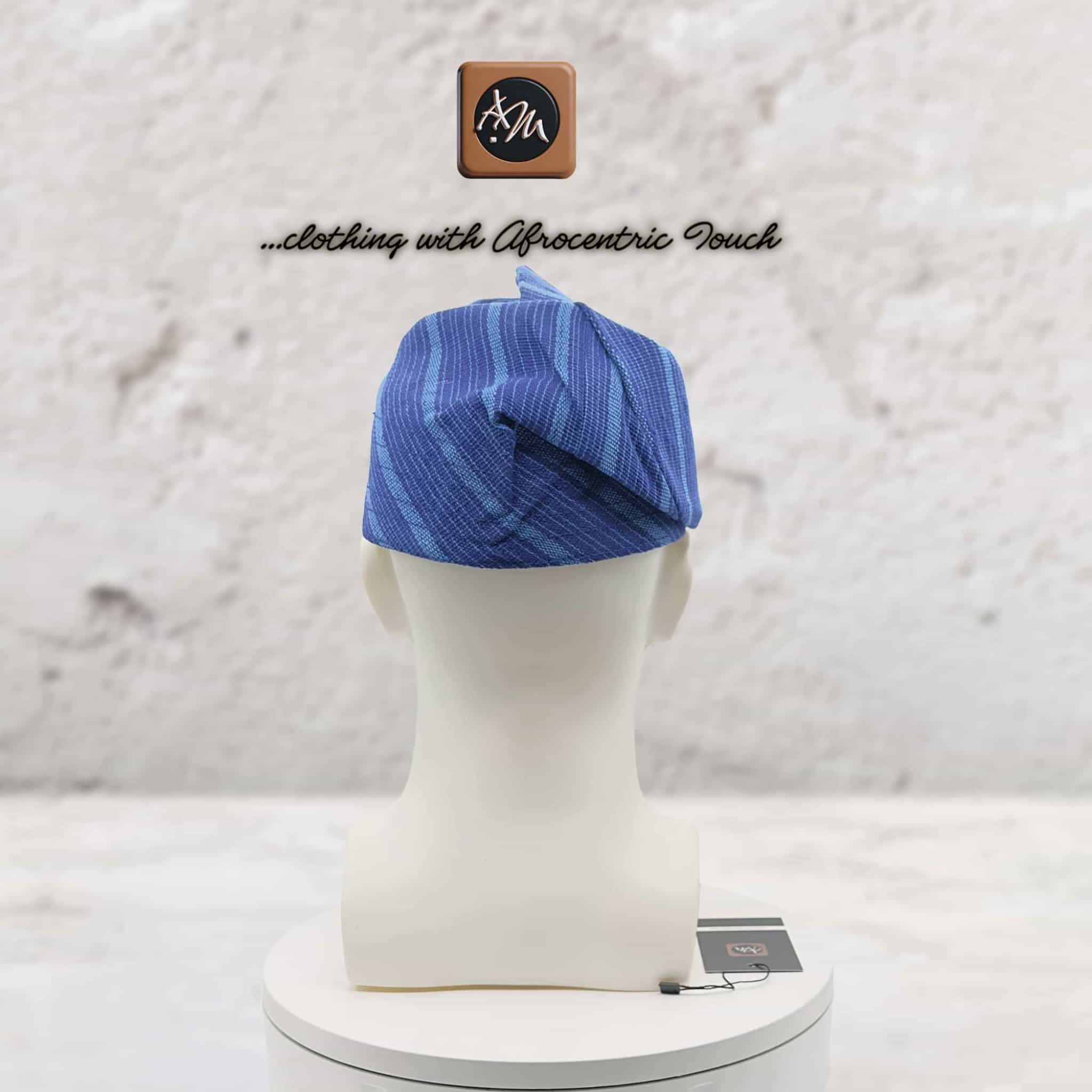 Handwoven Aso Oke Fila Gobi Cap, Blue Yoruba Traditional Hat, Nigerian Prestige Headwear