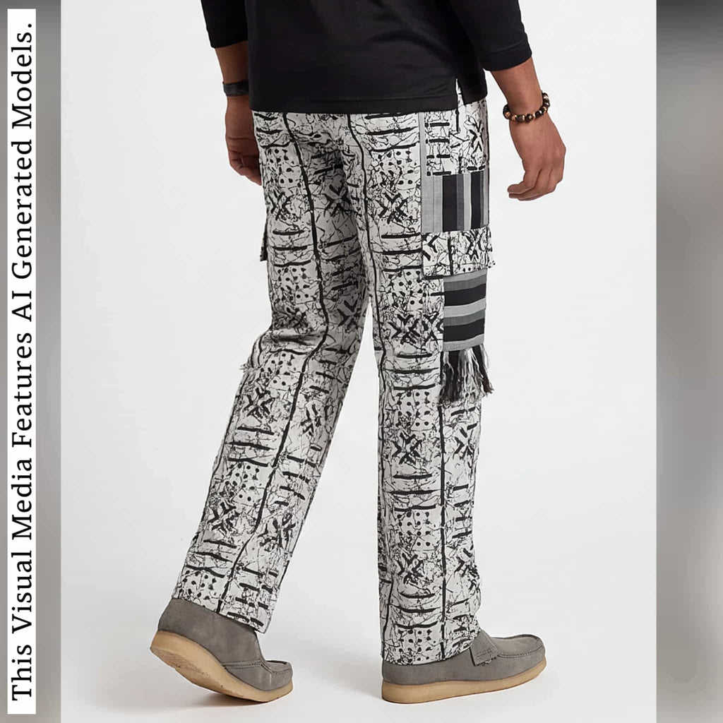 Men's Patchwork Cargo Pants, Bold Tribal Festival African Print Trousers, Afro Abstract Bottoms