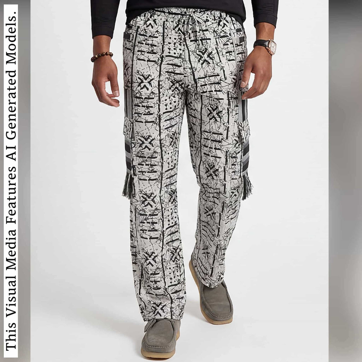 Men's Patchwork Cargo Pants, Bold Tribal Festival African Print Trousers, Afro Abstract Bottoms