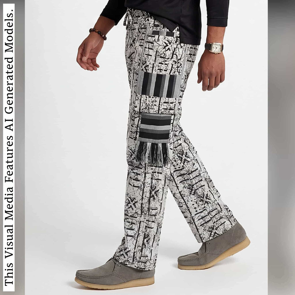Men's Patchwork Cargo Pants, Bold Tribal Festival African Print Trousers, Afro Abstract Bottoms