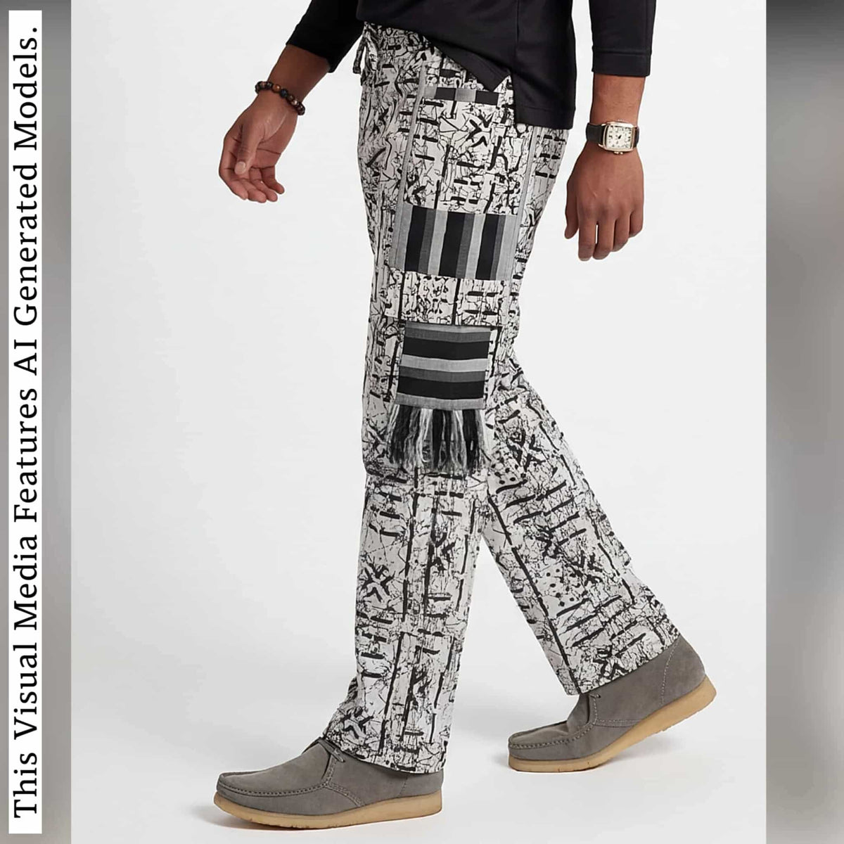 Men's Patchwork Cargo Pants, Bold Tribal Festival African Print Trousers, Afro Abstract Bottoms