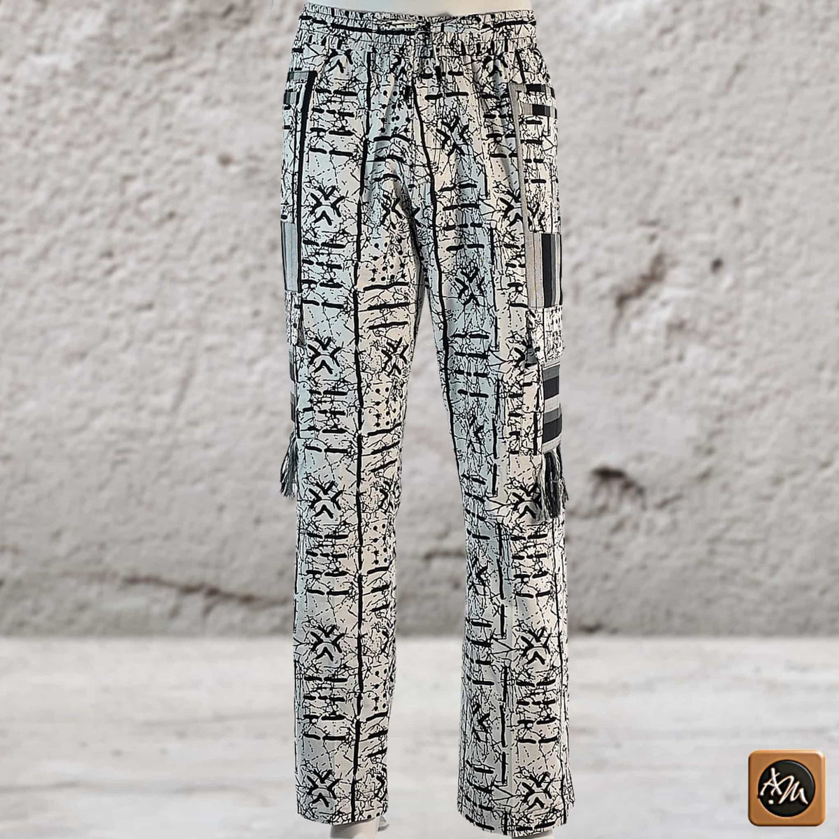 Men's Patchwork Cargo Pants, Bold Tribal Festival African Print Trousers, Afro Abstract Bottoms