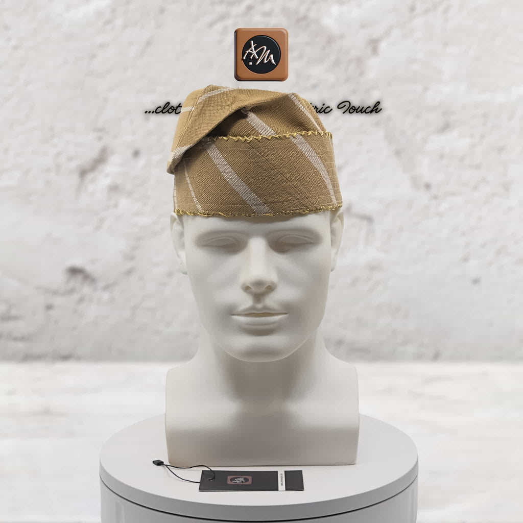 Yoruba SANYAN Aso Oke Knitted Fila, Beige Gobi Cap, African Groom Wedding Hat