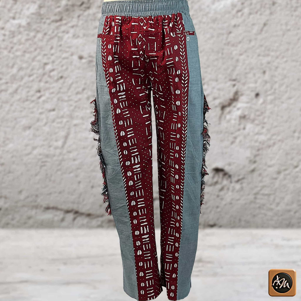 African Print Patchwork Joggers, Burgundy Fringe Streetwear Loungewear
