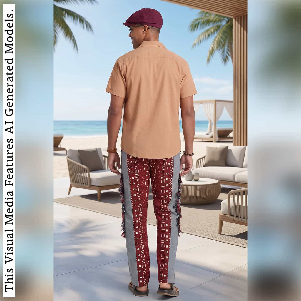 African Print Patchwork Joggers, Burgundy Fringe Streetwear Loungewear