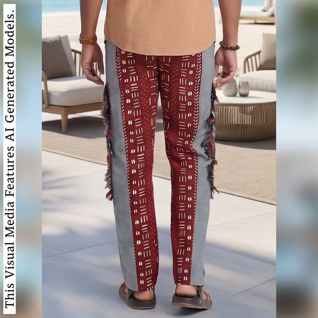 African Print Patchwork Joggers, Burgundy Fringe Streetwear Loungewear