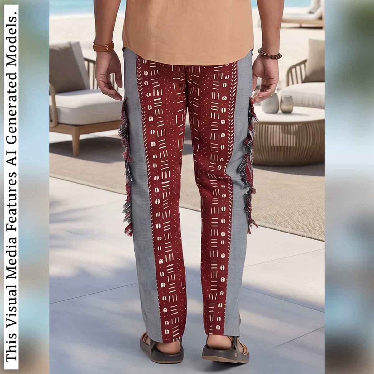 African Print Patchwork Joggers, Burgundy Fringe Streetwear Loungewear