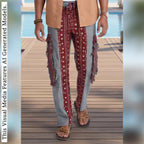 African Print Patchwork Joggers, Burgundy Fringe Streetwear Loungewear