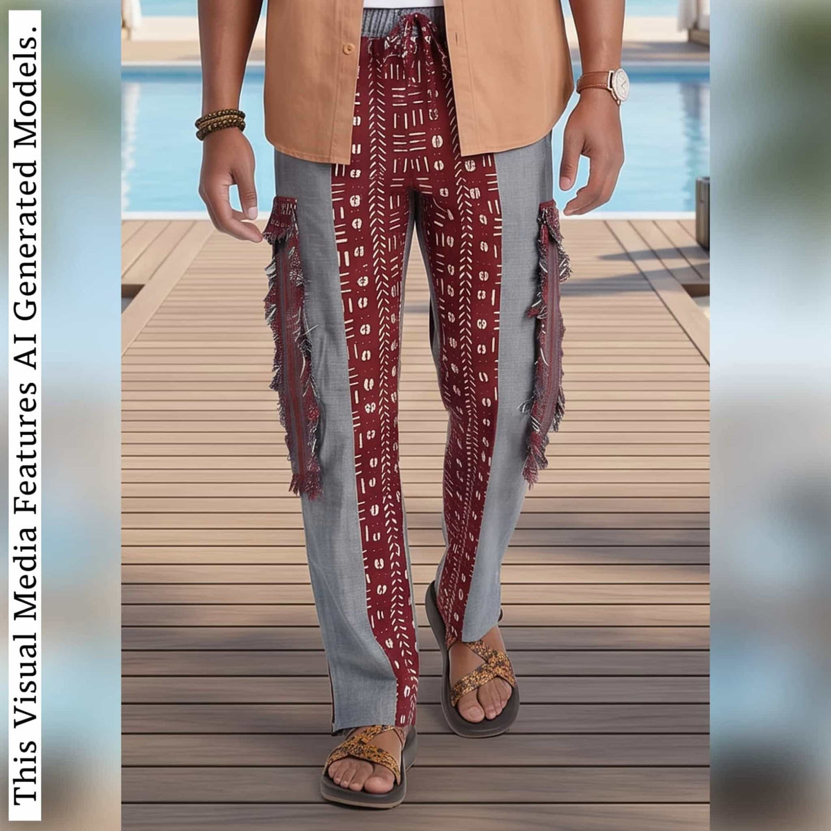 African Print Patchwork Joggers, Burgundy Fringe Streetwear Loungewear