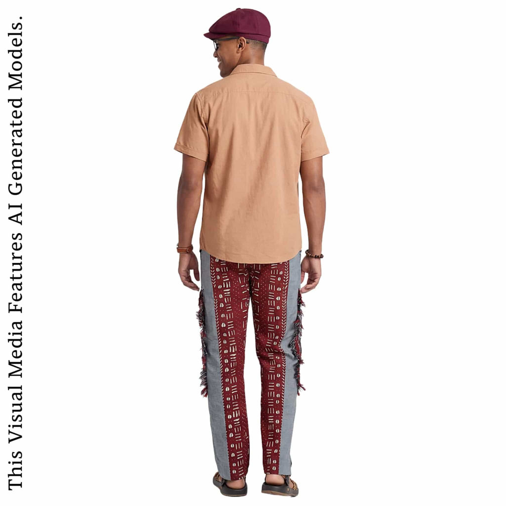 African Print Patchwork Joggers, Burgundy Fringe Streetwear Loungewear