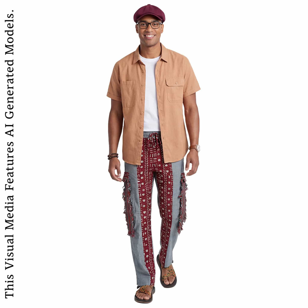 African Print Patchwork Joggers, Burgundy Fringe Streetwear Loungewear
