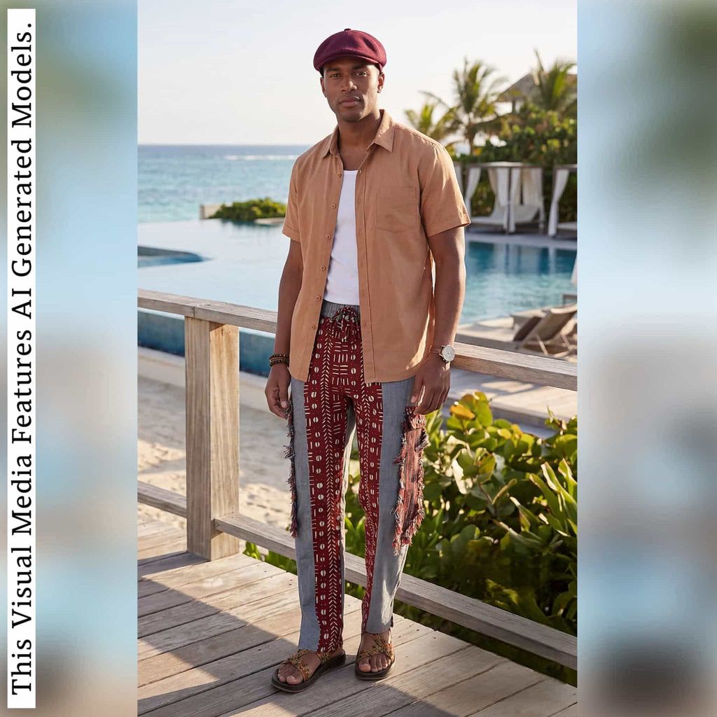 African Print Patchwork Joggers, Burgundy Fringe Streetwear Loungewear