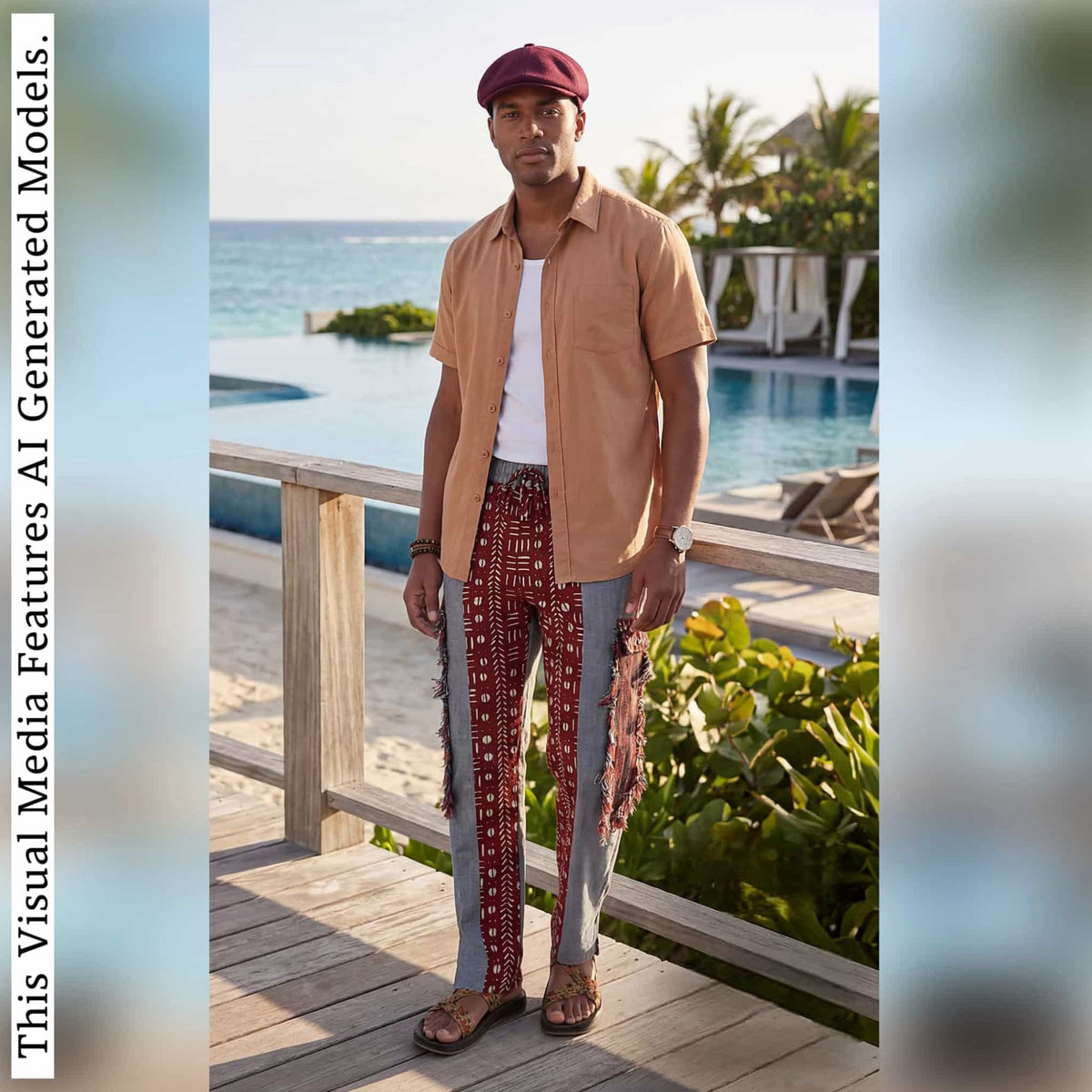 African Print Patchwork Joggers, Burgundy Fringe Streetwear Loungewear