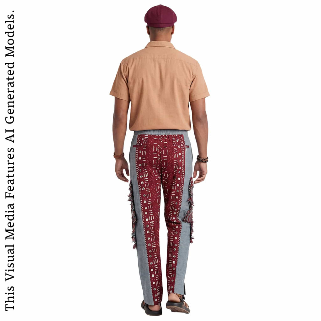 African Print Patchwork Joggers, Burgundy Fringe Streetwear Loungewear