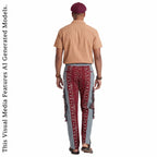 African Print Patchwork Joggers, Burgundy Fringe Streetwear Loungewear