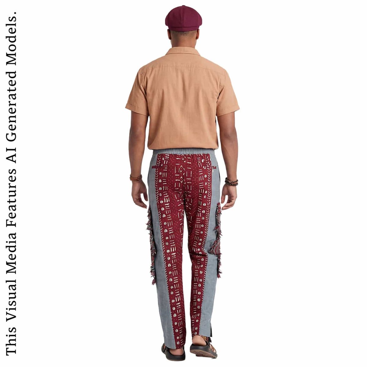 African Print Patchwork Joggers, Burgundy Fringe Streetwear Loungewear