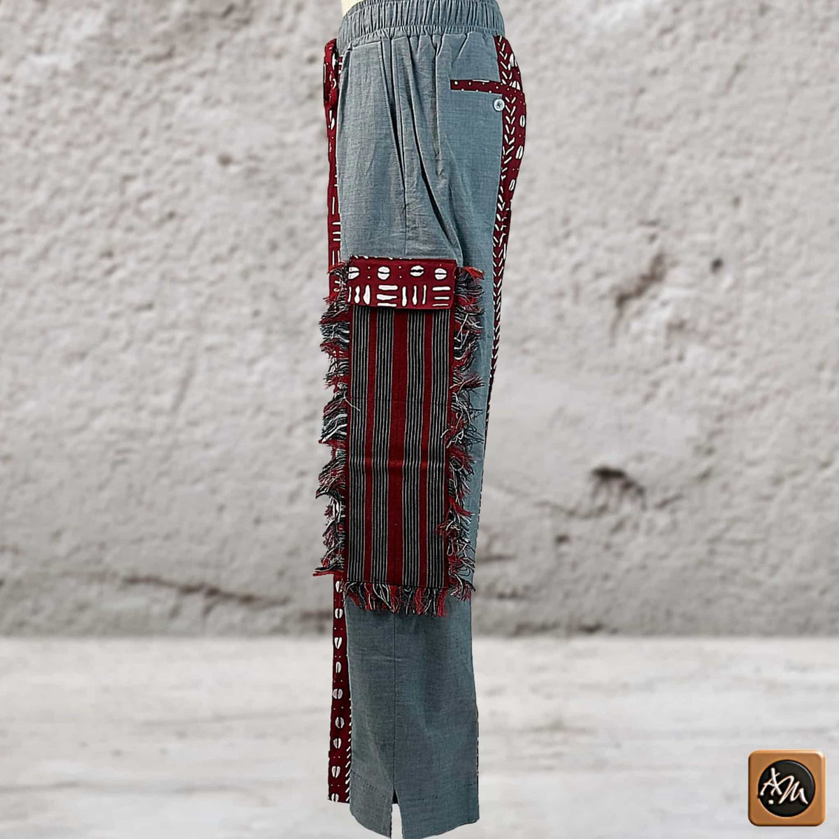 African Print Patchwork Joggers, Burgundy Fringe Streetwear Loungewear