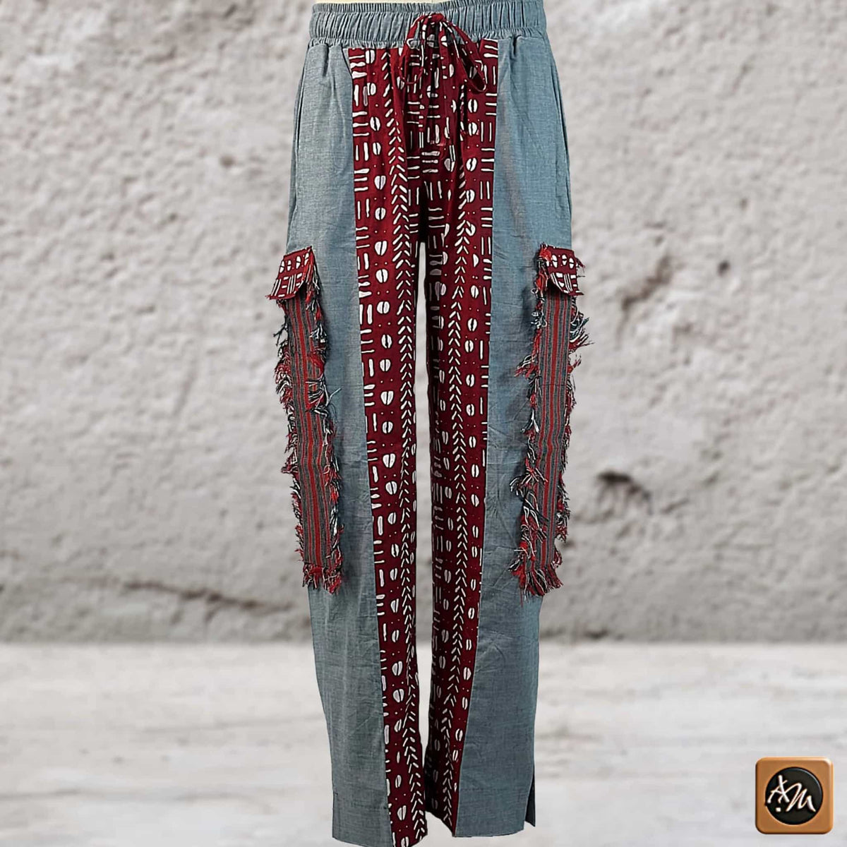 African Print Patchwork Joggers, Burgundy Fringe Streetwear Loungewear