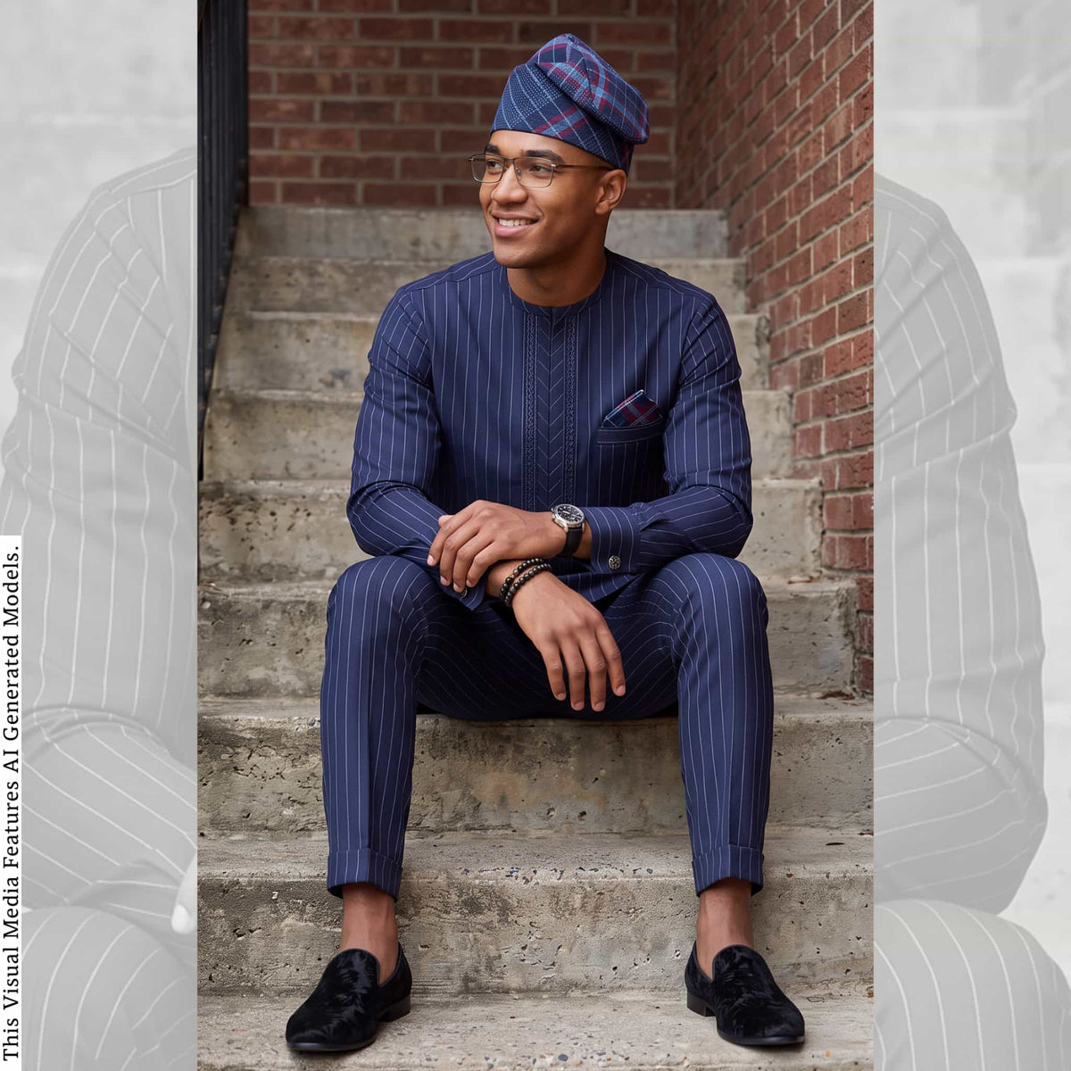 Men's Navy Pinstripe Kaftan Set, Nigerian Senator Wear, Aso Oke Fila (Custom Fit)