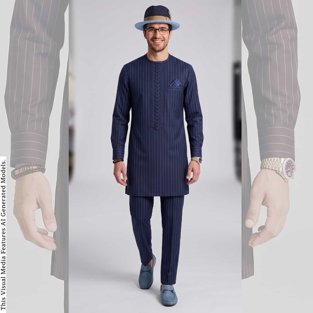 Men's Navy Pinstripe Kaftan Set, Nigerian Senator Wear, Aso Oke Fila (Custom Fit)