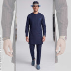 Men's Navy Pinstripe Kaftan Set, Nigerian Senator Wear, Aso Oke Fila (Custom Fit)