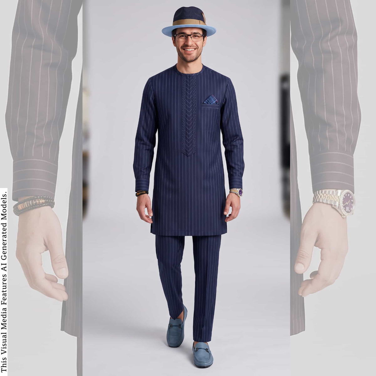 Men's Navy Pinstripe Kaftan Set, Nigerian Senator Wear, Aso Oke Fila (Custom Fit)